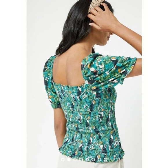 Dolan x Anthropologie M Green Left Coast Smocked Puff Sleeved Top Tropical Bird - Picture 9 of 15